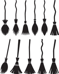 Naklejka premium Set of various witch brooms silhouette vector illustration. Halloween broomsticks set. broom Vector