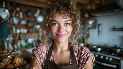 A cheerful young woman in a cozy kitchen setting smiles confidently while wearing an apron, showcasing the warmth of home cooking and the joy of preparing meals.