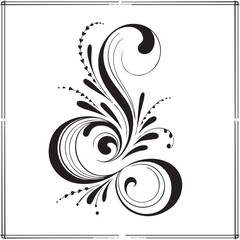 Black ornate filigree flourishes against a white background, creating an elegant decorative element with a classic border.