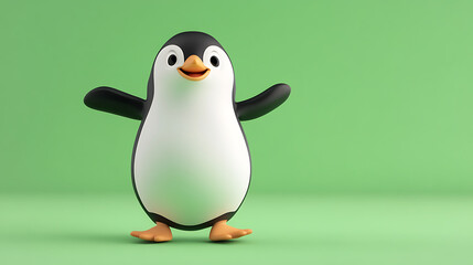 Fototapeta premium Cheerful cartoon penguin standing against a vibrant green background, ready for fun and play