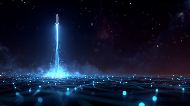 Rocket launching from glowing digital network