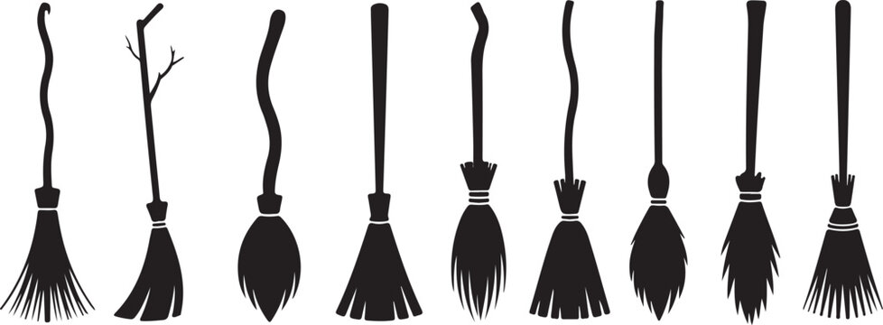 Set of various witch brooms silhouette vector illustration. Halloween broomsticks set. broom Vector