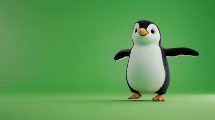  Cute cartoon penguin standing with arms outstretched on a vibrant green background © Anita