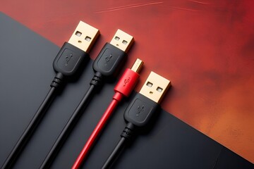 Flat Lay of Black and Gold USB Cables on Red Orange Gradient Background