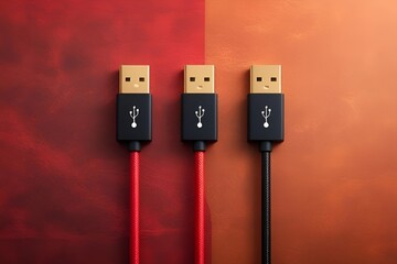 Flat Lay of Black and Gold USB Cables on Red Orange Gradient Background