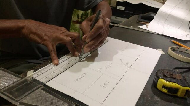 man is drafting a house plan using a pencil and T-square on a piece of bond paper at his desk.