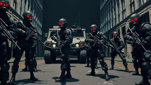 soldiers in all black armor and gas mask with red eyes in the middle of the street with rifles and apc and riot shields