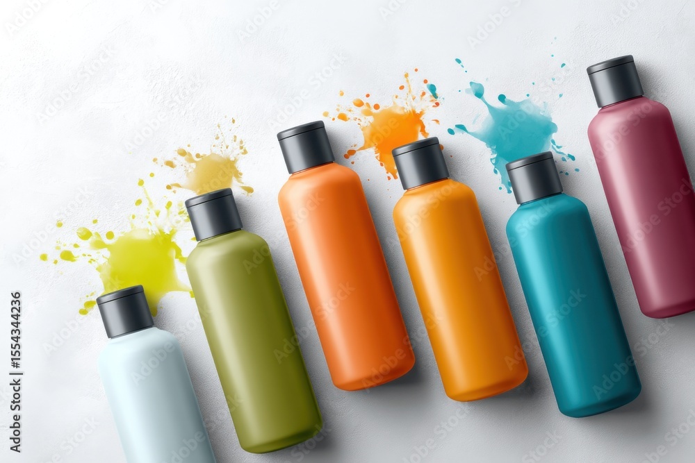 Poster close-up view of colorful shower gel containers with vibrant splashes for product display