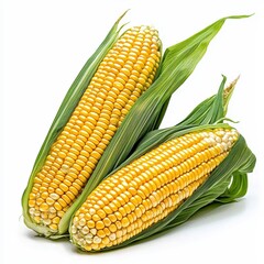 Fresh Yellow Corn with Green Husks on White Background