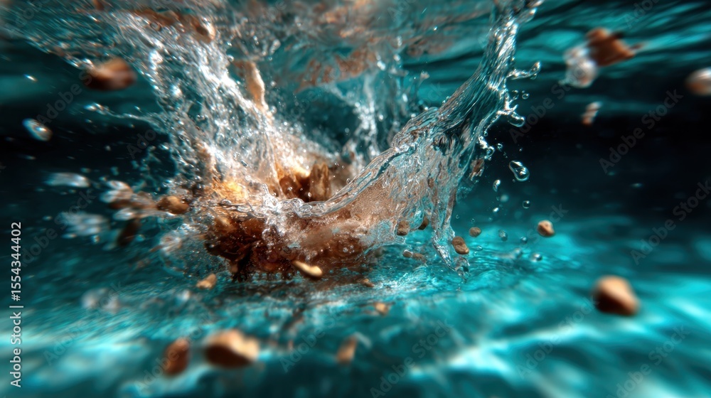 Poster a stunning water splash captures the dynamic motion of objects plunging into the blue depths, creati