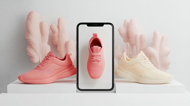 Pink sneakers displayed on podiums, viewed on smartphone