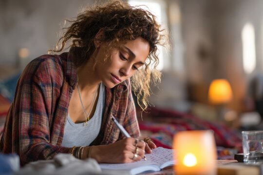 Teen writing a heartfelt letter in a vibrant journal in a cozy and focused room