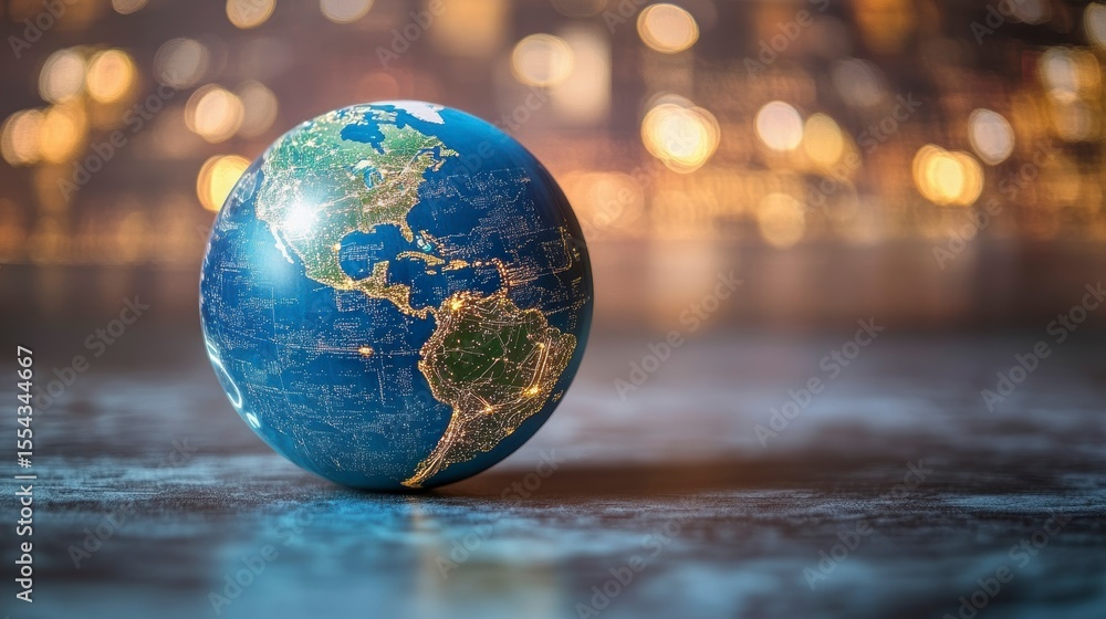 Poster illuminated earth globe on dark surface with bokeh background.