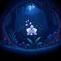 pixel art scene deep within a dark, magical forest at night, rendered in a palette of deep blues and purples. The only source of light is a rare and beautiful Ghost Orchid, its spectral white petals.