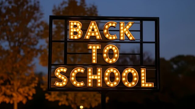 "Back To School" sign glows at dusk, welcoming students. Perfect for education promotions, seasonal campaigns, school events, ads, marketing, and educational content.