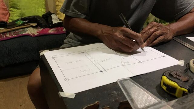 man is drafting a house plan using a pencil and T-square on a piece of bond paper at his desk.