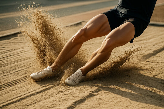 Dynamic landing in long jump event, muscular legs hitting sand with force