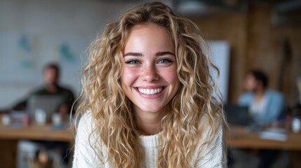 A joyful young woman with curly hair, smiling brightly in a cozy indoor environment with warm tones, conveying a sense of happiness and connection with those around her.