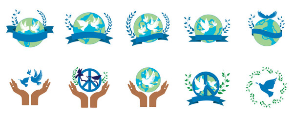 Set of International day of peace with earth as a symbol of peace, peace dove. Vector white dove world peace symbol