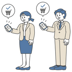 バーコード決済をするスーツ姿の男女