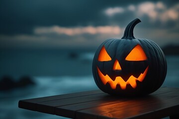 Spooky Jack-o'-Lantern on Wooden Table with Glowing Eyes and Misty Ocean Background