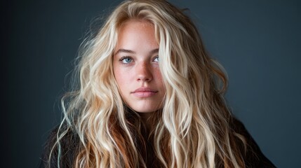 A beautiful young woman with long blonde hair poses thoughtfully against a simple background, showcasing beachy waves and a natural, effortless beauty feel.