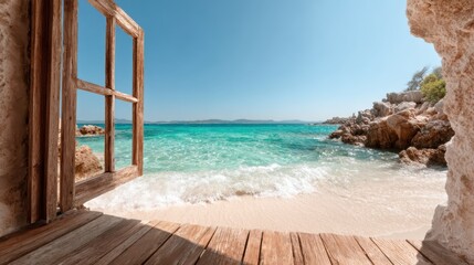 An inviting seaside view framed by a rustic wooden door, merging the elements of nature and architecture while drawing the viewer into an idyllic beach setting and ambiance.