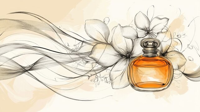 orange perfume bottle with flowers and lines clip art preview