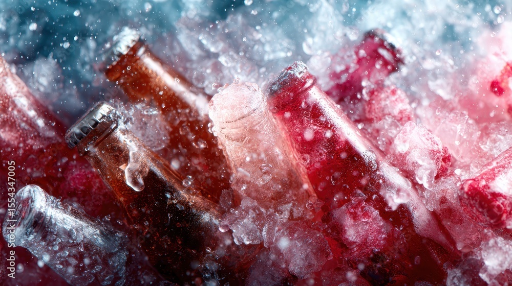 Poster capture the refreshing essence of chilled bottles submerged in icy splashes, symbolizing summer fun 