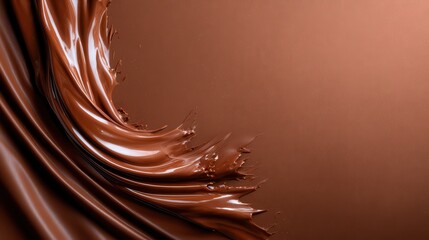 An inviting and glossy splash of chocolate, showcasing its rich texture and tempting appearance, ideal for any dessert lover looking for gastronomic delight and indulgence.