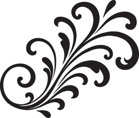 Elegant black floral flourish design element with delicate swirls against a crisp white background creates a decorative touch.