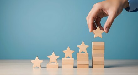 Customer Service and Product Rating Concept with Hand Placing a Wooden Star on a Stack of Blocks, rating, stars, review, feedback, customer, satisfaction