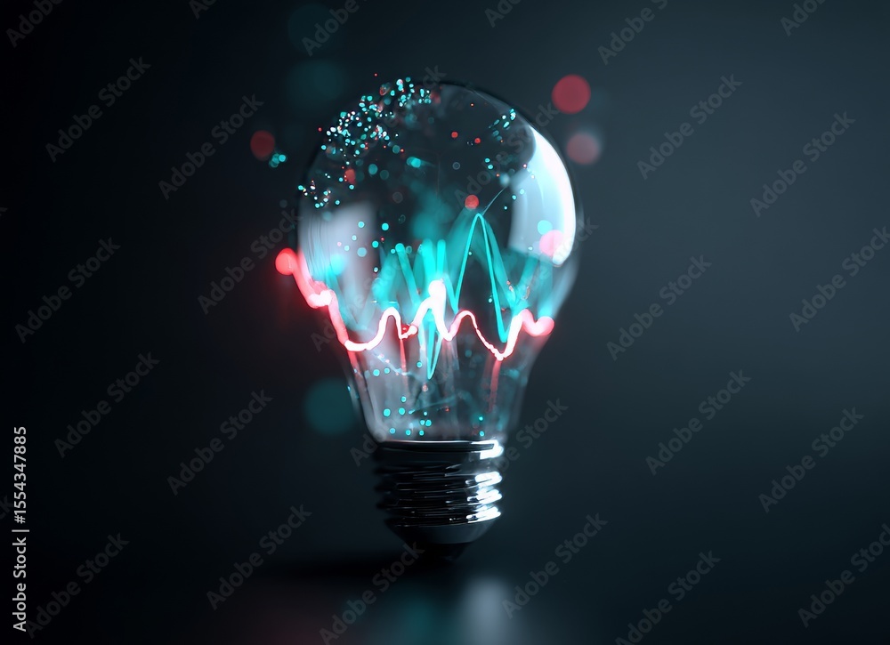 Poster the image of a shining lightbulb, pulsing with energy and enveloped by dynamic light waves, embodies