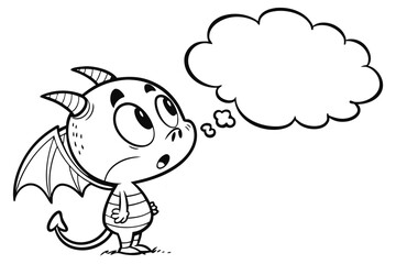 Cartoon devil with wings is thinking with a thought bubble isolated on white background