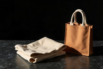 Brown jute tote and folded bag on matte black with side light and texture, AI-generated
