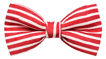 Red and white striped bow tie with a classic knot, isolated on a transparent background.