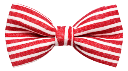 Red and white striped bow tie with a classic knot, isolated on a transparent background.