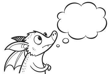 Cartoon dragon with a thought bubble isolated on white background