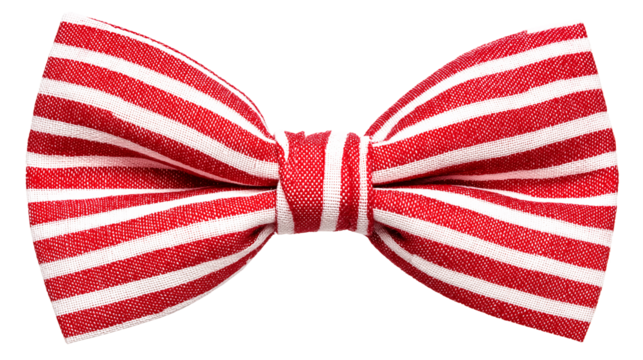 Red and white striped bow tie with a classic knot, isolated on a transparent background.