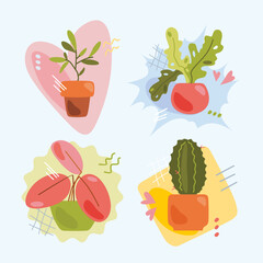 A set of bright flat indoor plants. Painted plants with geometric shapes.