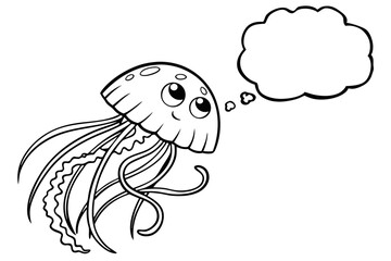 A cartoon jellyfish with a thought bubble isolated on white background