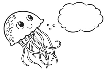 A cute cartoon jellyfish with a thought bubble isolated on white background
