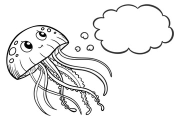 A cartoon jellyfish with a thought bubble isolated on white background