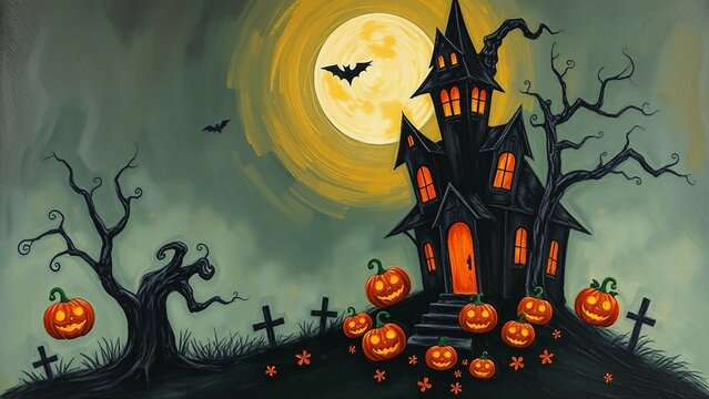 Stimmungsvolles Halloween-Design mit Spukhaus, K&uuml;rbissen und Vollmond. Perfekt f&uuml;r Einladungen, Poster oder saisonale Dekoration.