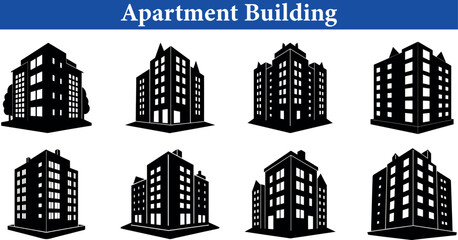 Collection of diverse apartment building silhouettes with windows and architectural details isolated on transparent background 