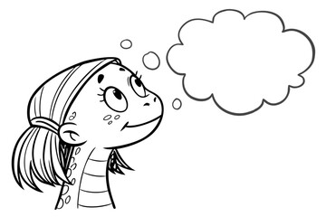 A cartoon girl with a ponytail looking up at a thought bubble isolated on white background