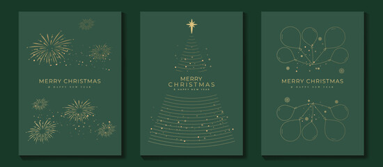 Naklejka na ściany i meble Luxury christmas invitation card art deco design vector. Christmas tree, firework, snowflake, balloon line art on green background. Design illustration for cover, poster, wallpaper.