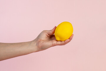 Lemon fruit in hand isolated on pink background.