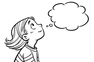 A cartoon girl looking up at a thought bubble isolated on white background