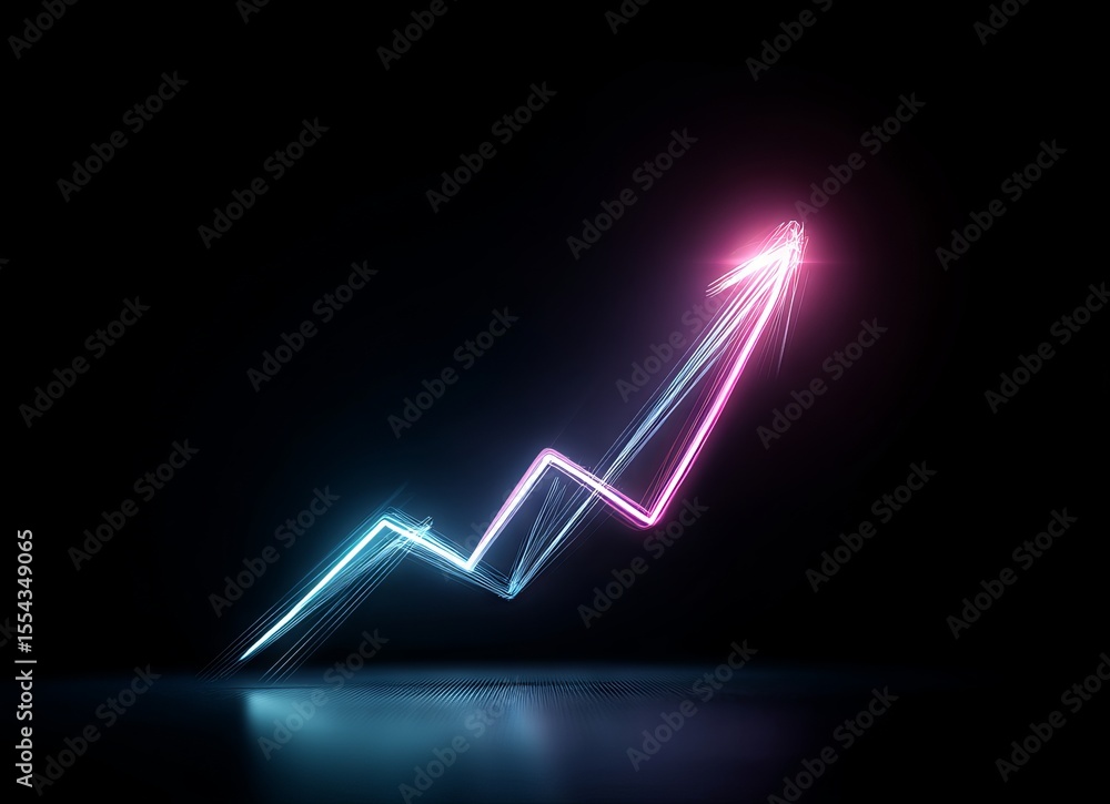 Poster the image of a neon arrow ascending over a bar graph represents increasing progress and growth, cont